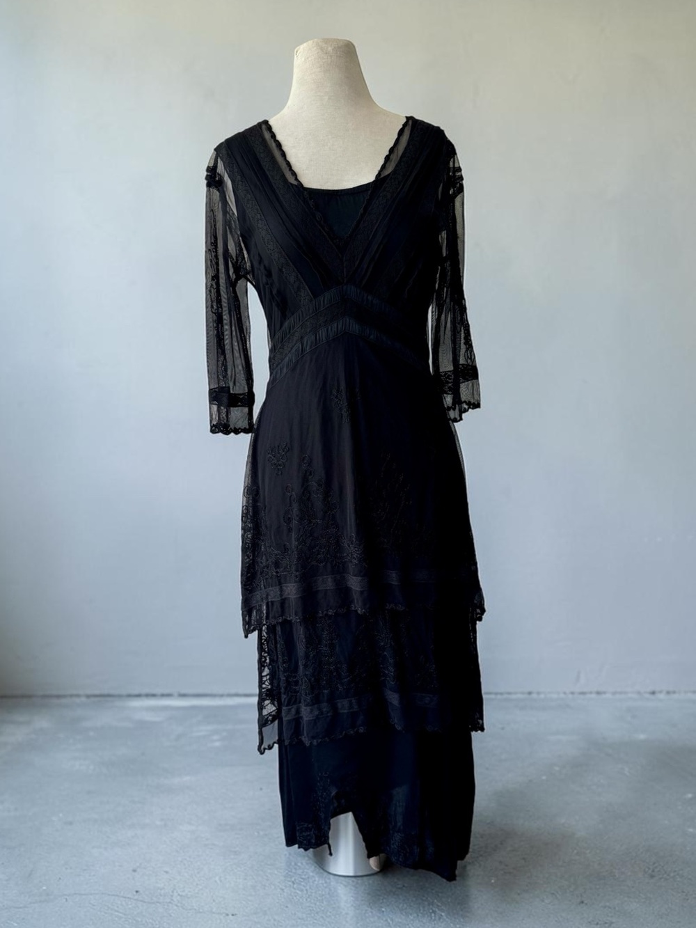 Vtg 90s Nataya Black Embroidered Mesh Dress Sz M Victorian  Whimsigoth Romantic